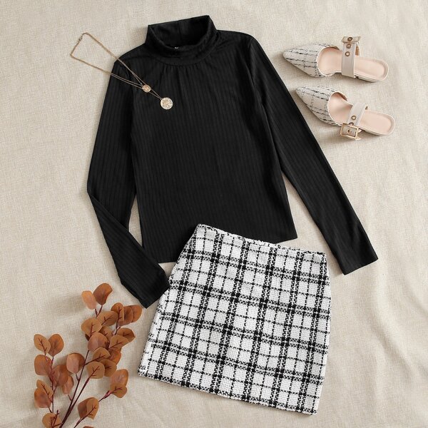

Rib-knit Mock Neck Tee & Plaid Tweed Skirt Set, Black and white