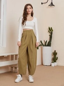 SHEIN Pantalones harem de cintura elástica - Caqui - Ver 4