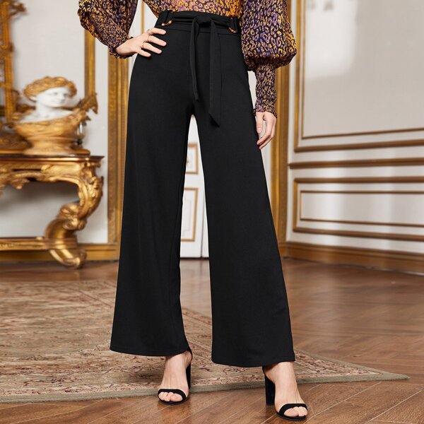 

Self Belted Solid Pants, Black