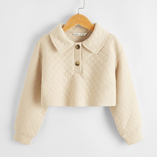 

Girls Button Half Placket Quilted Pullover, Beige