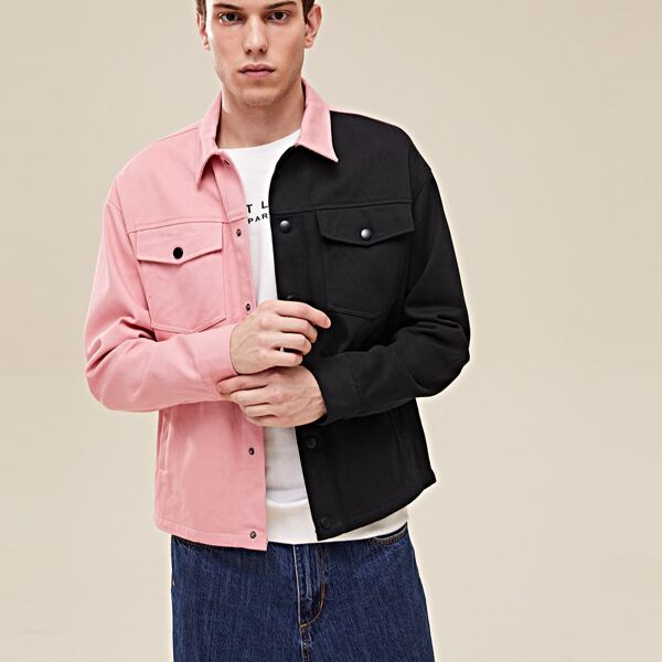 

Men Single Breasted Flap Pocket Colorblock Jacket, Multicolor