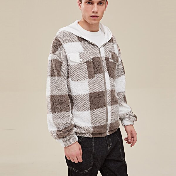 

Men Flap Pocket Gingham Teddy Hooded Jacket, Multicolor