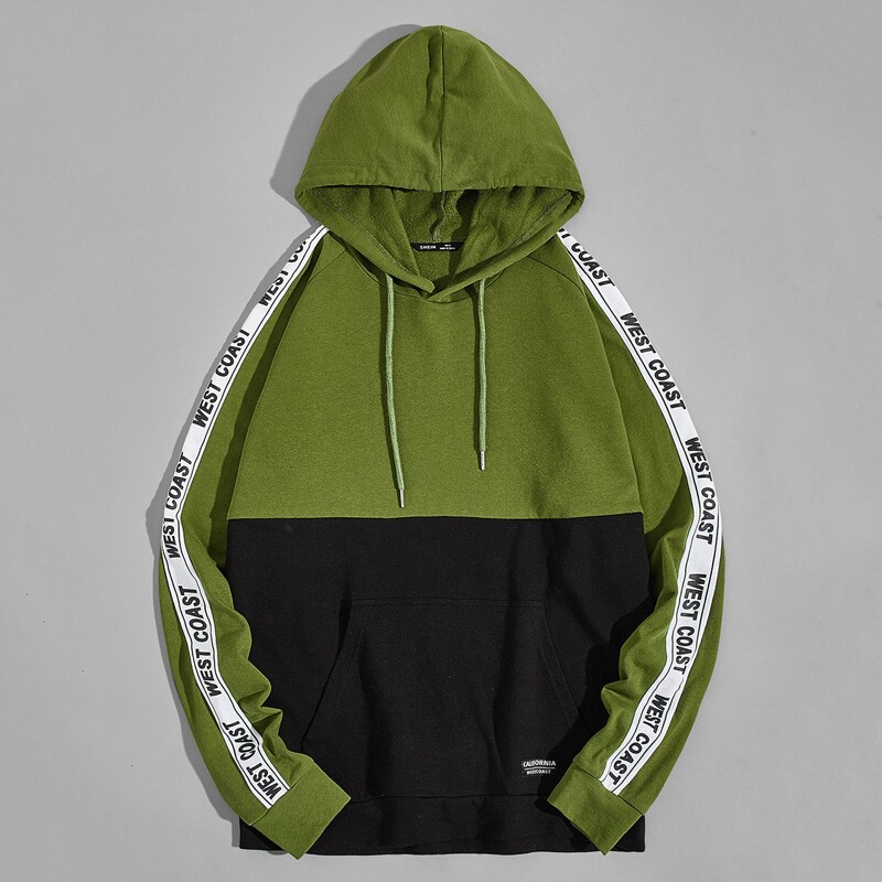 

Guys Colorblock Letter Tape Side Drawstring Hoodie, Army green