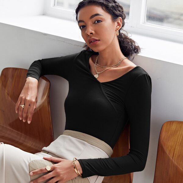 

Solid V Neck Fitted Tee, Black