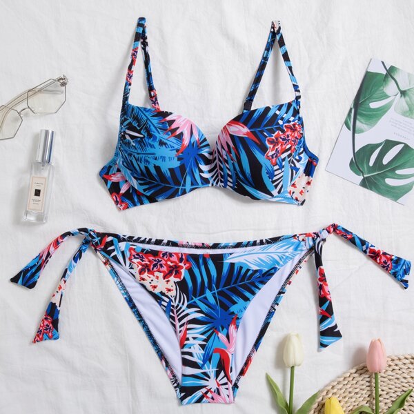 

Tropical Push Up Tie Side Bikini Swimsuit, Multicolor