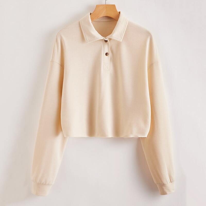 

Drop Shoulder Polo Collar Crop Tee, Apricot