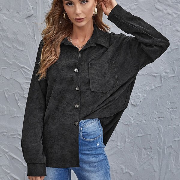

Drop Shoulder High Low Hem Blouse, Black