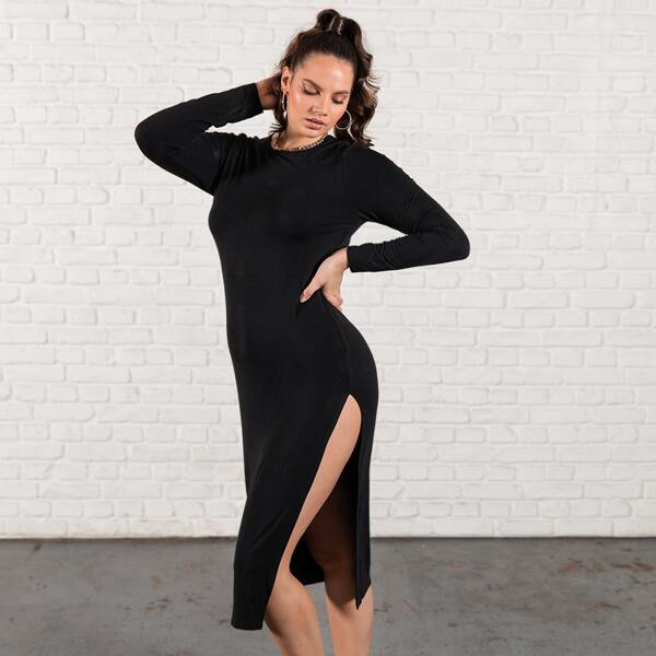 

Plus Solid Split Thigh Dress, Black