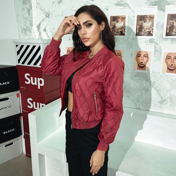 

Zip Up Quilted Bomber Jacket, Rose red