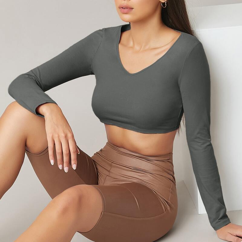 

V-neck Crop Fitted Tee, Dark grey