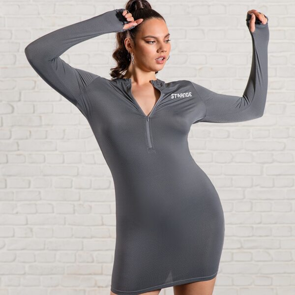 

Plus Letter Graphic Zip Half Placket Bodycon Dress, Grey