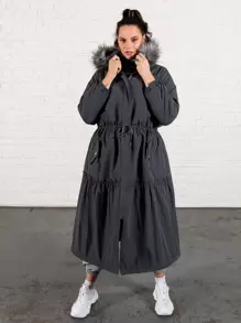 SHEIN Plus Fuzzy Hooded Drawstring Waist Padded Parka Coat - Dark Grey - View 1