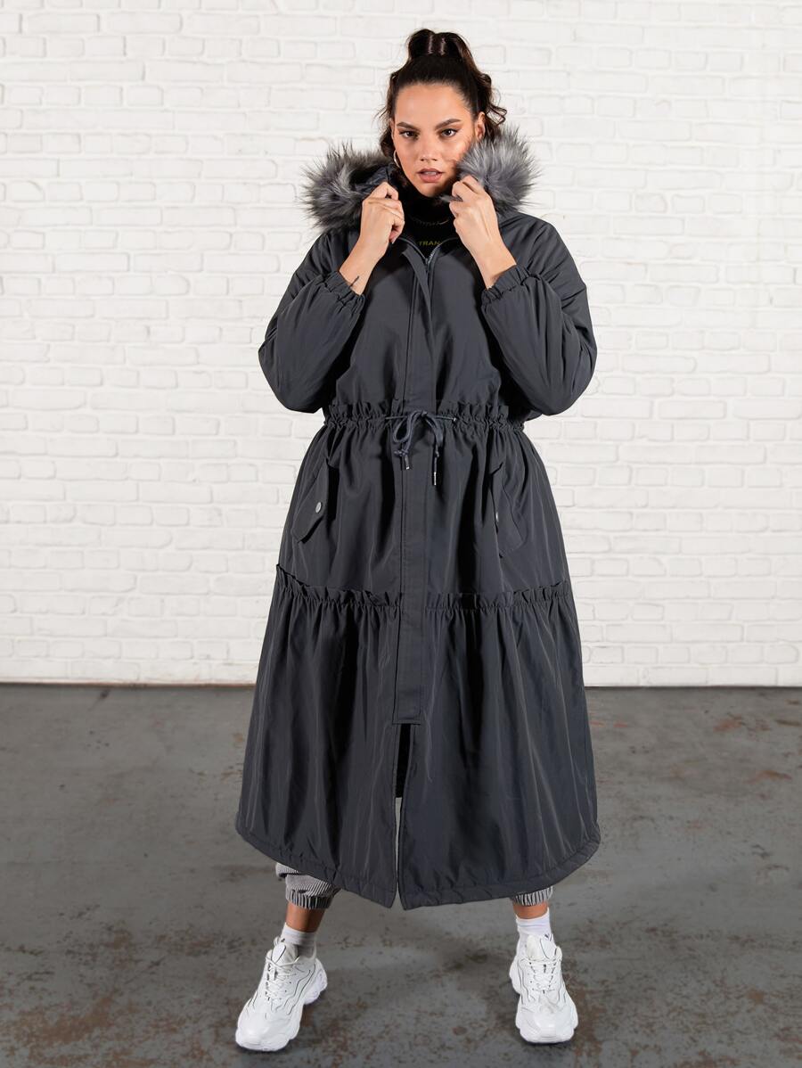 SHEIN Plus Fuzzy Hooded Drawstring Waist Padded Parka Coat - Dark Grey - View 1