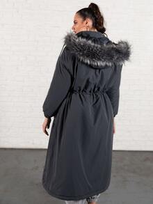 SHEIN Plus Fuzzy Hooded Drawstring Waist Padded Parka Coat - Dark Grey - View 2