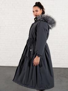 SHEIN Plus Fuzzy Hooded Drawstring Waist Padded Parka Coat - Dark Grey - View 3