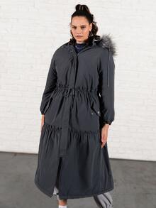 SHEIN Plus Fuzzy Hooded Drawstring Waist Padded Parka Coat - Dark Grey - View 4