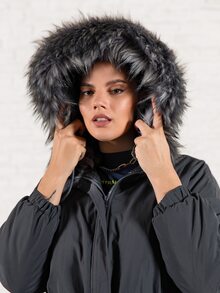 SHEIN Plus Fuzzy Hooded Drawstring Waist Padded Parka Coat - Dark Grey - View 5