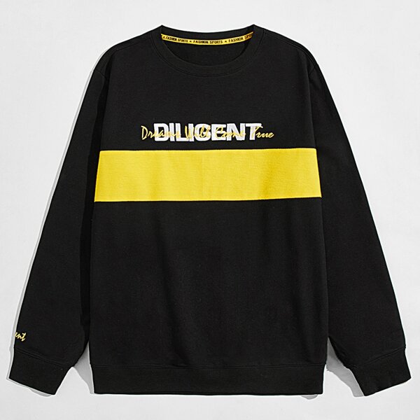 

Men Letter Embroidery Color-block Sweatshirt, Black