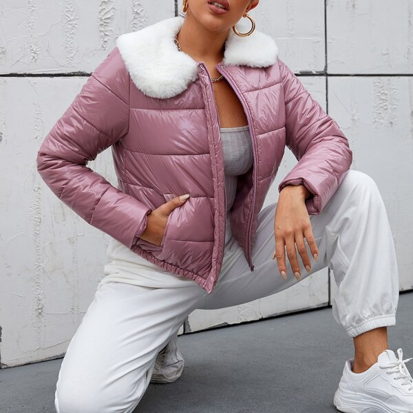 

Fuzzy Collar Zip Up Puffer Jacket, Dusty pink