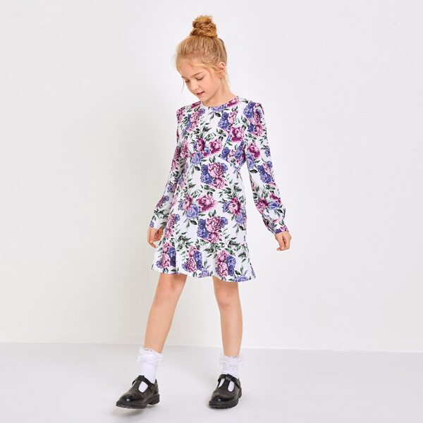 

Girls Floral Print Ruffle Hem Dress, Multicolor