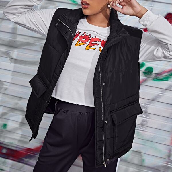 

Zip Up Button Front Vest Coat, Black