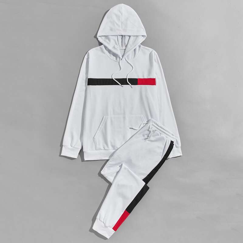 

Guys Contrast Panel Kangaroo Pocket Drawstring Hoodie & Sweatpants, White