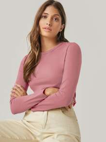 SHEIN BASICS Camiseta algodón unicolor forma ajustada - Rosa vieja - Ver 3