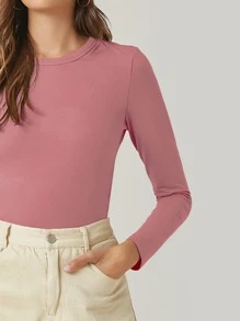 SHEIN BASICS Camiseta algodón unicolor forma ajustada - Rosa vieja - Ver 4