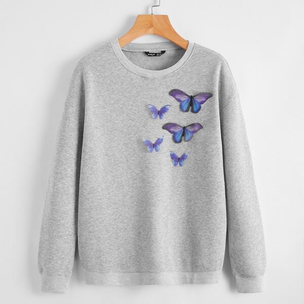 

Drop Shoulder Butterfly Print Pullover, Light grey