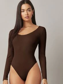 SHEIN BASICS 合適合身素色連體衣 - 咖啡棕 - 查看 1