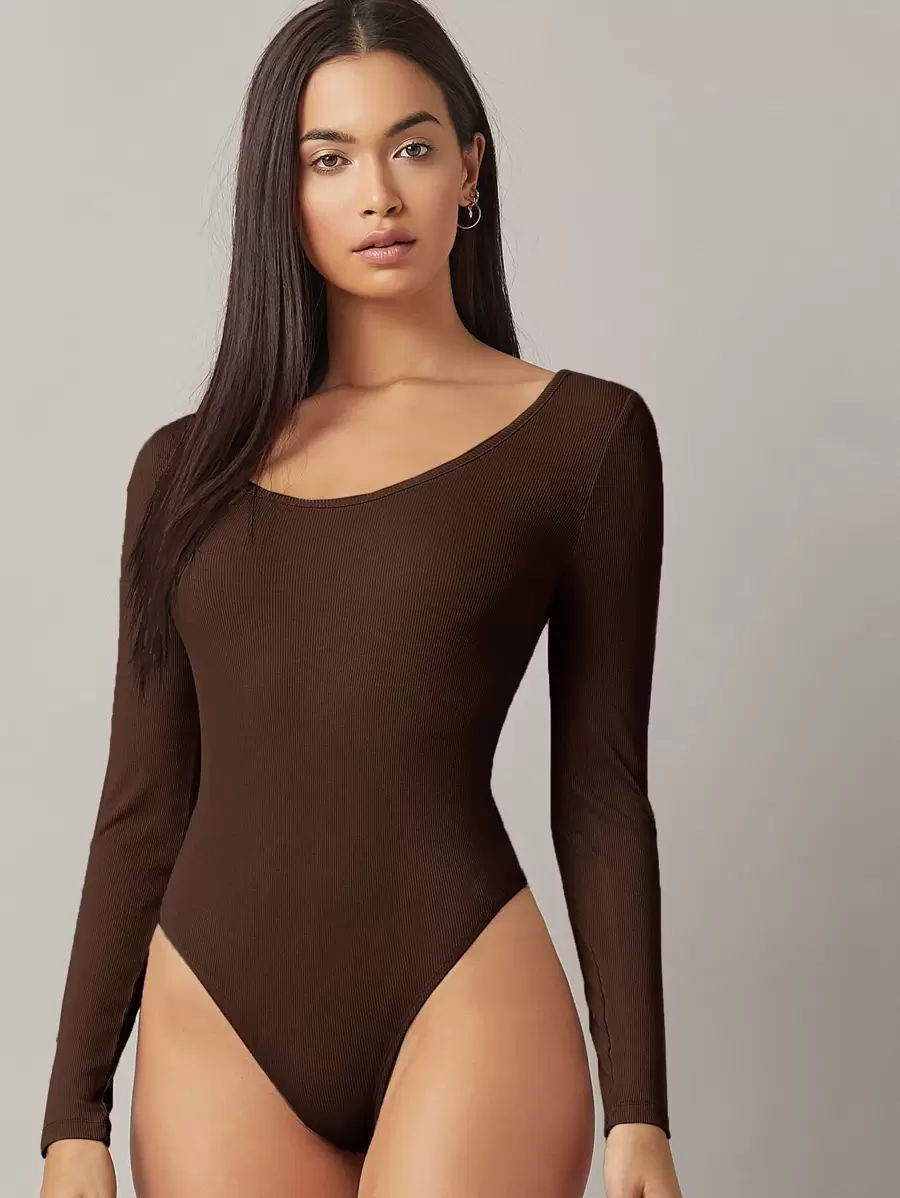 SHEIN BASICS 合適合身素色連體衣 - 咖啡棕 - 查看 1