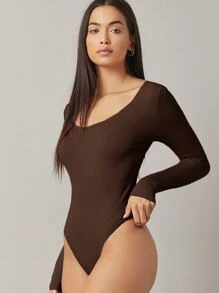 SHEIN BASICS 合適合身素色連體衣 - 咖啡棕 - 查看 3