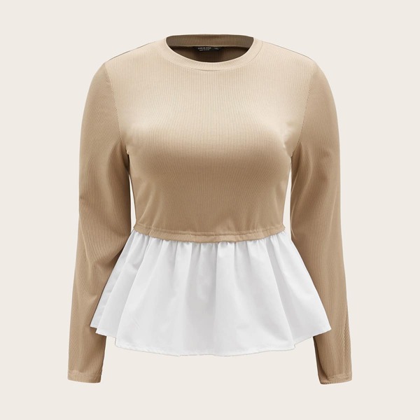 

Plus Ribbed Contrast Ruffle Hem Tee, Khaki