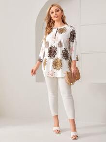 EMERY ROSE Plus Graphic Print Zip Half Placket Top - Multicolor - View 4