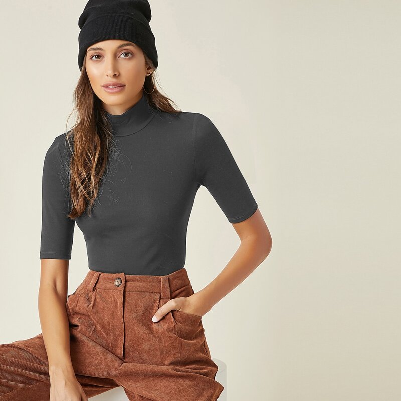 

Mock Neck Form Fitted Solid Bodysuit, Dark grey