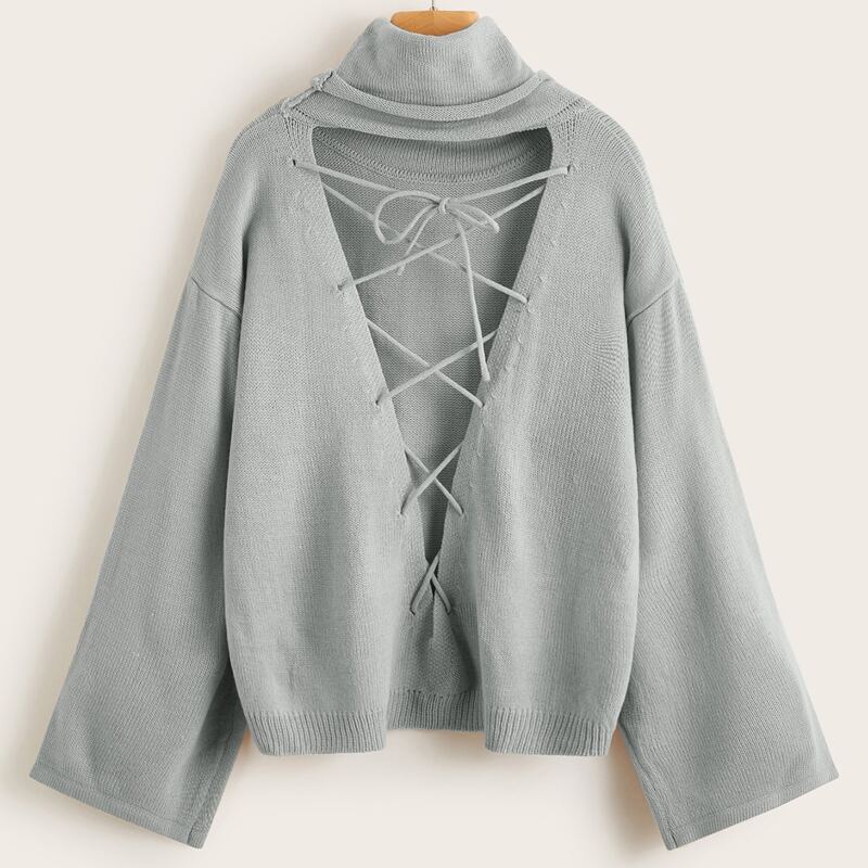 

Funnel Neck Lace Up Backless Sweater, Light grey
