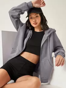 SHEIN BASICS Cozy Fleece Cotton Drop Shoulder Zipper Up Hooded Sweatshirt - Grey - View 1