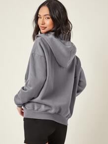 SHEIN BASICS Cozy Fleece Cotton Drop Shoulder Zipper Up Hooded Sweatshirt - Grey - View 2
