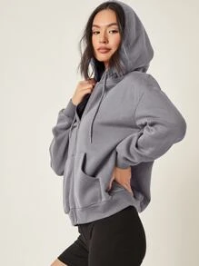 SHEIN BASICS Cozy Fleece Cotton Drop Shoulder Zipper Up Hooded Sweatshirt - Grey - View 3