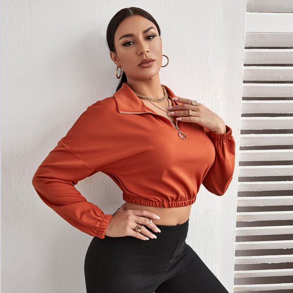 

Drop Shoulder Crop Half Placket Pullover, Burnt orange