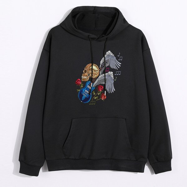 

Skull And Guitar Print Drawstring Hoodie, Black