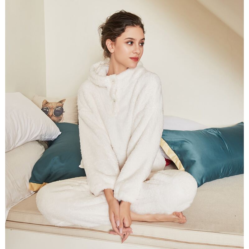 

Solid Hooded Half Placket Flannel Lounge Set, Beige