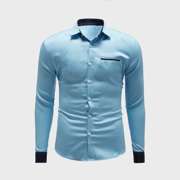 

Men Contrast Binding Button Front Shirt, Baby blue