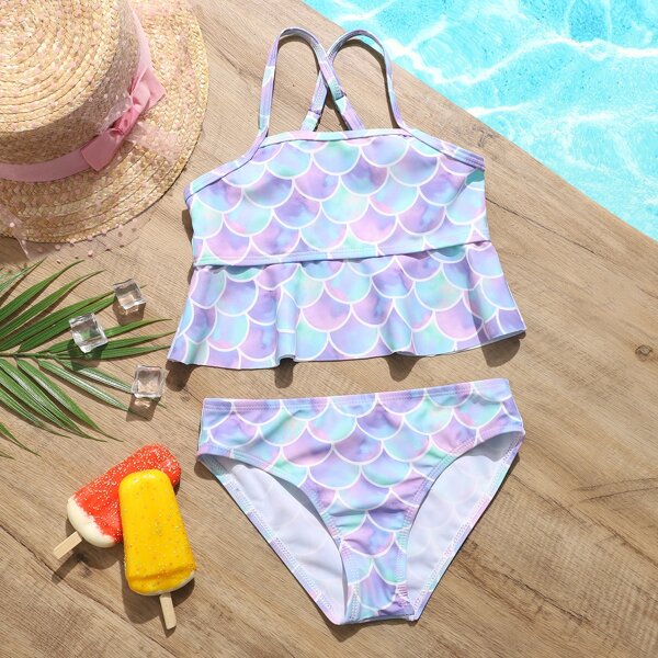 

Toddler Girls Fish Scale Print Ruffle Hem Bikini Swimsuit, Multicolor