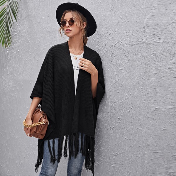 

Fringe Hem Cloak Sleeve Cardigan, Black