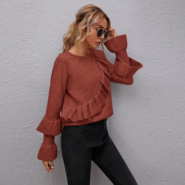 

Bell Sleeve Ruffle Trim Sweater, Rust brown
