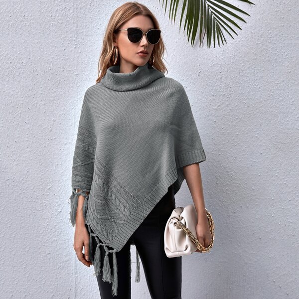 

Fringe Trim Cable Knit Poncho Sweater, Dark grey