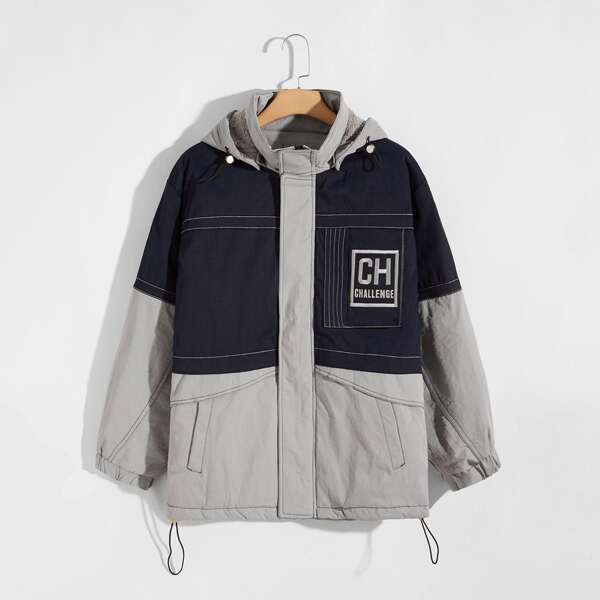 

Men Two Tone Letter Embroidered Hooded Jacket, Multicolor