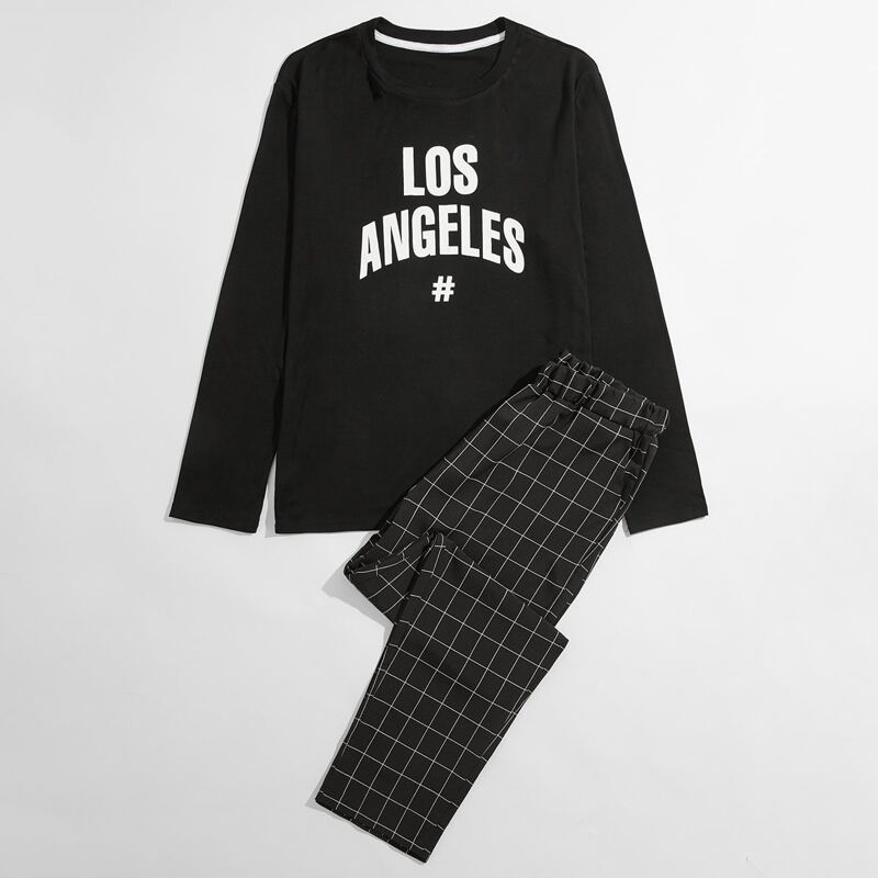 

Guys Letter & Plaid Print PJ Set, Black