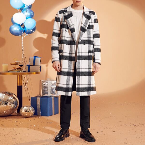 

Men Notched Collar Plaid Pea Coat, Black and white
